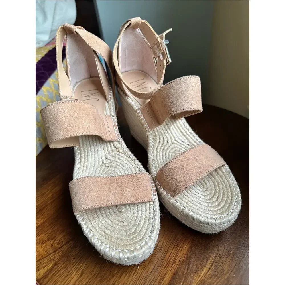 INC Catiana Espadrille Wedge Sandals Tan Suede 8.5M NWOB Summer Neutral